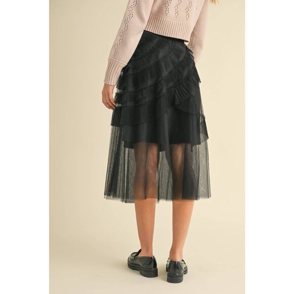 Frill Mesh Tulle Midi Skirt Black - Picture 5 of 7